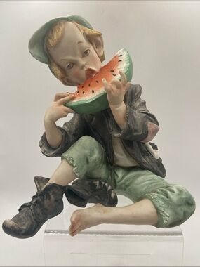 Vintage Figurine Boy Eating Watermelon Hand Painted Ceramic Display